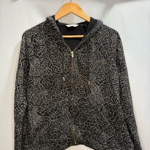 Liz Claiborne Black Zip-Up Hoodie Women’s L/XL Floral Rose Print